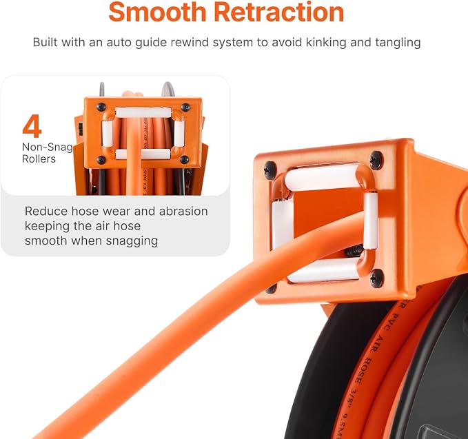 VEVOR Retractable Air Hose Reel with Double Arms, 3/8 IN x 65FT Hybrid Air Hose Max 300PSI, Air Compressor Hose Reel with 5FT Lead in, Ceiling/Wall Mount Heavy Duty Steel Reel for Workshop Garage