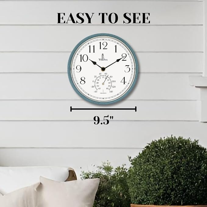 Outdoor Clocks for Patio Waterproof with Thermometer — Teal 9.5 Inch Indoor Outdoor Wall Clock with Temperature Display — Weatherproof, Accurate & Easy to Read for Pool, Garden & Home Decor