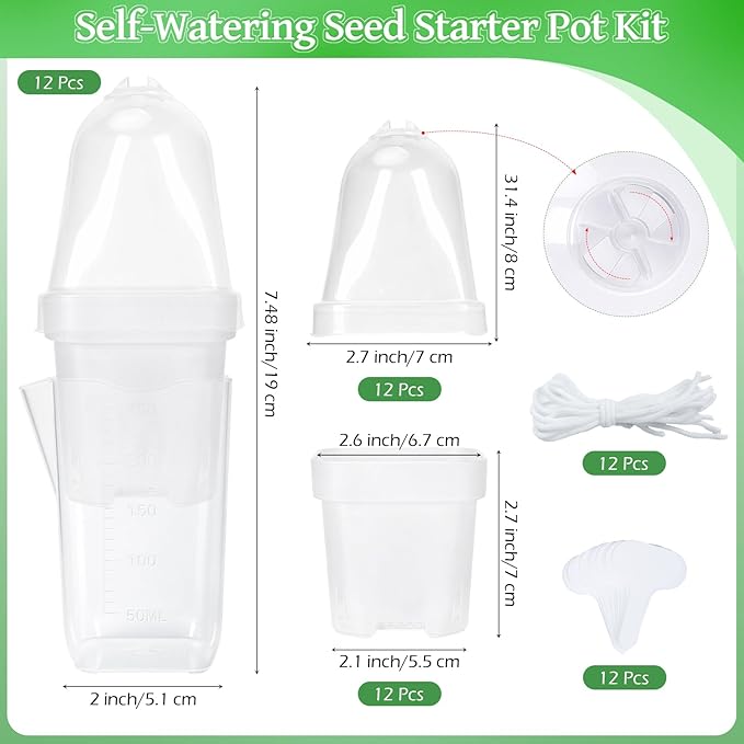 12 Pack 2.5" Self Watering Propagation Pots with Humidity Dome, Clear Plastic Seed Starter Cups, for Seedlings, Cuttings, Succulents, Herbs, Vegetables, with 12 Labels Included (Transparent 12 Pack)