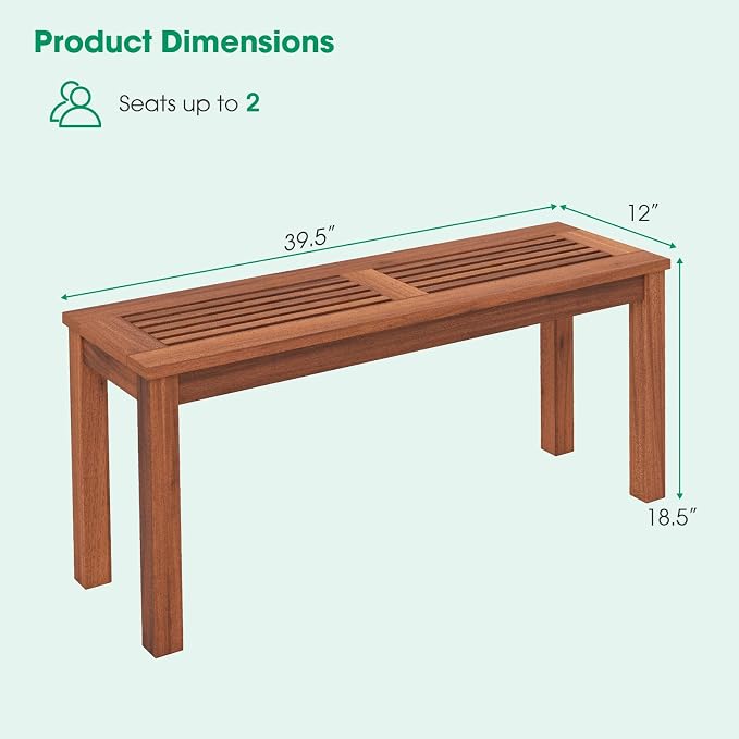 Tangkula Patio Wood Bench, 2-Person Solid Wood Bench with Slatted Seat, 39.5” Long Loveseat with Stable Wood Frame, Indoor Outdoor Dining Bench for Backyard, Poolside, Entryway (2)