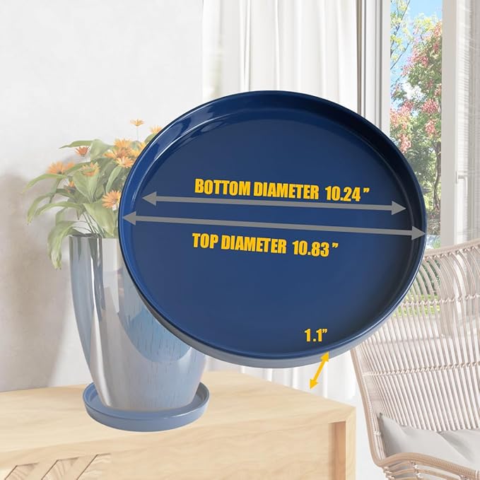 Yukfona Ceramic Plant Saucer Tray 1 Pcs 10 Inch Blue, 10.83" OD x10.24 ID x1.1 Deep| Fits Flower pots Bottom≤ 10.24", Heavy Duty Glazed Round Planter Drip with Catch Basin for Indoor Outdoor Plants