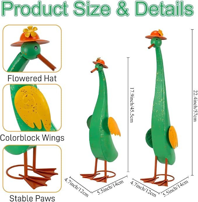 22" Duck Garden Statue Set of 2 Metal Ducks | Outdoor Yard Art Porch Animal Figurine Lawn Ornament Rustproof Yard Sculptures for Outside Patio Backyard Decorations