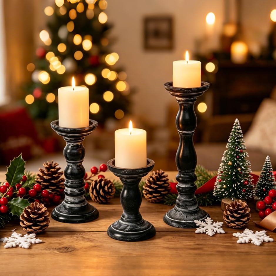 Vintage Pillar Candle Holders Set of 3 - Distressed Black Wood Candlestick Holders for Table Centerpieces, Farmhouse Decor for Fireplace Mantel, Rustic Shabby Chic Candle Pillar Holder for Home - Image 2