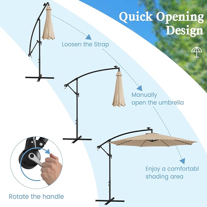 HAPPYGRILL 10FT Cantilever Patio Umbrella with Solar Lights, Outdoor Hanging Offset Umbrella with 112 LED Lights, Tilt Design, Crank Handle, Cross Base Stand for Garden Yard Deck
