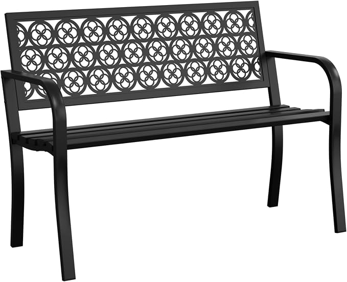 Outdoor Bench with Clover Back, Heavy-Duty Metal Frame Graden Bench, Weatherproof Patio Park Bench for Front Porch, Park, Yard, Patio