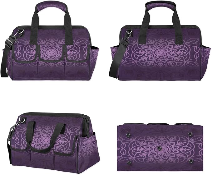 Purple marble pattern Tool Bag – Heavy-Duty Multi-Pocket 14+ Pockets (6 Inner + 6 Outer + 2 Side), Removable Shoulder Strap, for Construction, Gardening, Camping, Travel – 14.8 x 9.1 x 10 Inches