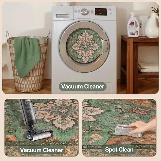 Tangsoo 2x3 Washable Rugs for Entryway, Vintage Non Slip Small Area Rug | Oriental Indoor Front Door Rug Mat, Soft Low Pile Print Small Carpet Throw Rugs for Entry Entrance Kitchen Bedroom Tan/Green