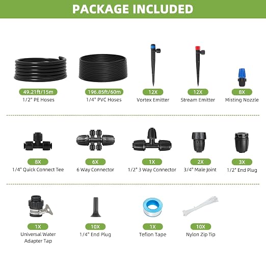 250FT Drip Irrigation System Kit, Automatic Garden Watering System with 1/2" Hose and 1/4" Distribution Tubing-Adjustable Nozzles & Sprinklers for Garden Irrigation, Yard, Lawn, Potted Plants。