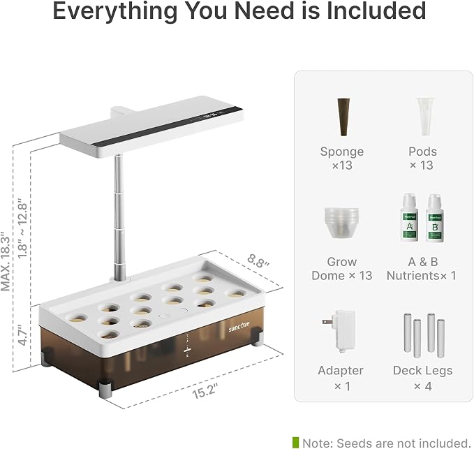 SUNCOZE Hydroponics Growing System 13 Pods, with Dimmable Light | 4L Visible Water Tank, Adjustable Height to 12.8 in, Digital Timer, Water Reminder, Indoor Herb Garden, Gardening Gifts