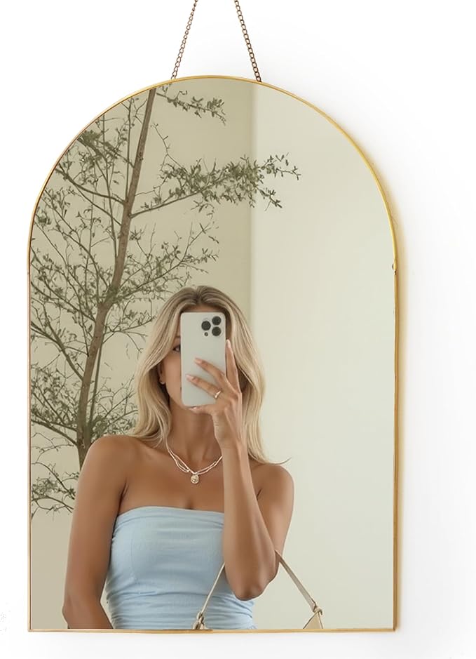 Gold Arched Wall Mirror 13”x19”- Small Vintage Hanging Mirror with Chain, Decorative Brass Mirror for Entryway, Bathroom, Bedroom&Living Room, Antique Gold Wall Mirror