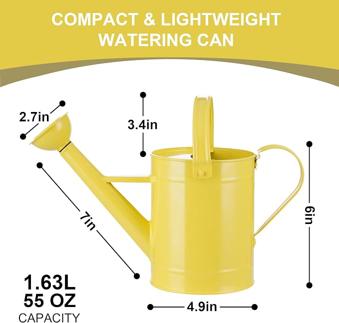 DUSVALLY Yellow Metal Watering Can for Indoor and Outdoor Plants, 55oz Decorative Garden Watering Can with Removable Sprinkler Spout, Small Farmhouse Plant Waterer for Houseplants, Patio, Flowers