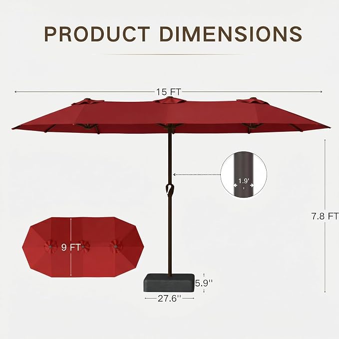 Kingdura 15ft Large Patio Umbrella with Base Included, Double-Sided Rectangle Outdoor Table Umbrella with 12 Reinforced Ribs, Crank Lift for Market Pool Deck Backyard, Red
