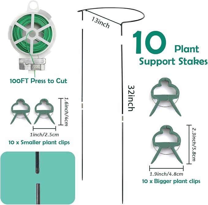32 inch Plant Support Stakes, 10 Pack Half Round Metal Garden Plant Stake Heavy-Duty Plant Support Ring and Cage with Plant Clip & Twist Tie for Indoor and Outdoor Plants, Vegetable, Flowers