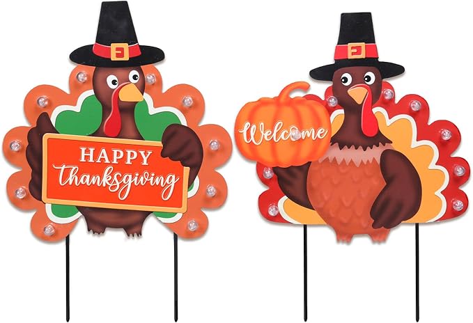 Fall Yard Decor Outdoor Autumn Harvest Garden Stakes with LED Light Autumn Two Turkeys Yard Sign with Stakes Fall Thanksgiving Decoration for Home Outside Lawn Garden Holiday Decor