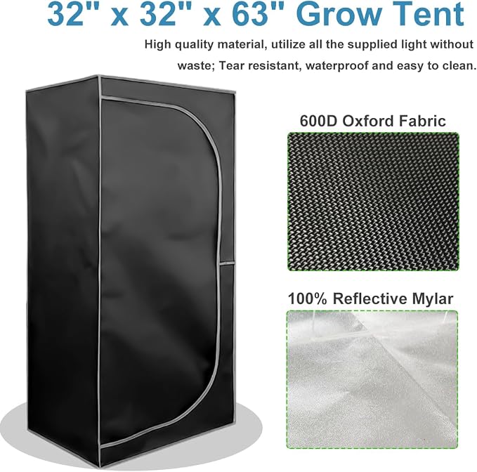 Grow Tent Kit Complete 2x2 ft High Reflective Mylar Hydroponics Indoor Plant Growing Tent with LED Grow Light Ventilaion Fan Growing System+Accesseries (32" x 32" x 63")