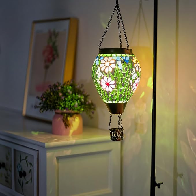 Hot Air Balloon Solar Lantern for Garden, Yard, Patio Decor | Handmade Glass, Hanging Outdoor Lanterns Waterproof, Decorative Solar Light