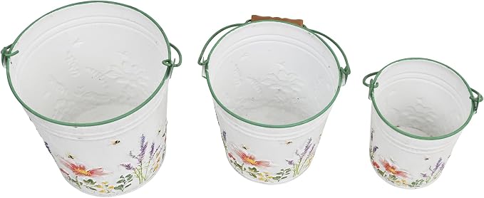 3-Piece Floral Metal Planter Bucket Set - Rustic Lavender Decorative Flower Pots for Succulents, Herbs & Indoor/Outdoor Garden, Flower Arranging, Wedding Party Home Decor Accents