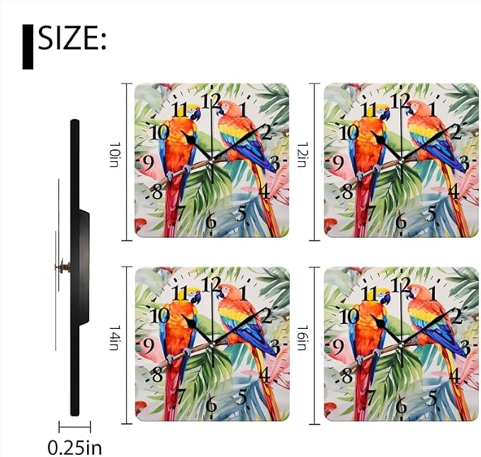 Quartz Wall Clocks Non-Ticking Silent Battery Operated Modern Wall Clocks Decorative for Home,Bedroom-Watercolor Painting of Beautiful Tropical Parrots(10inch)