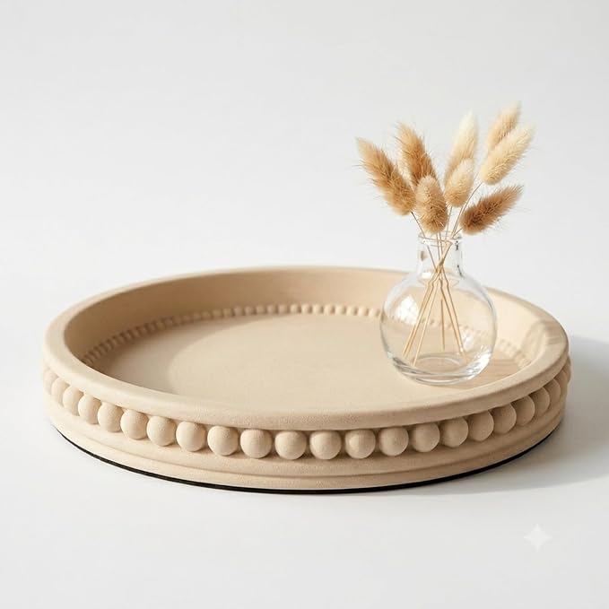 11" Round Concrete Decorative Centerpiece Tray for Coffee Table Beige | Modern minimalist centerpiece tray for coffee table, living room, dining & office storage display, sturdy tabletop home decor