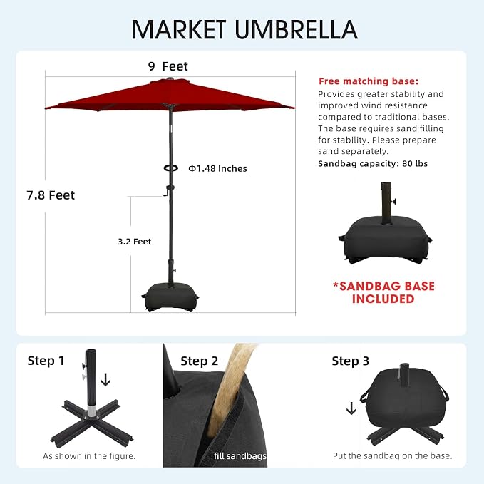 wikiwiki 9FT Patio Umbrella with Base, Outdoor Umbrellas with Base Included, 8 Sturdy Ribs, Waterproof Fade Resistant POLYESTER DTY Canopy for Deck, Lawn, Garden, Backyard & Pool, Burgundy Red