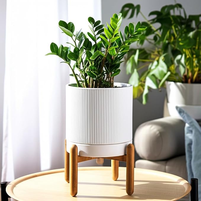 HERDUK 8 Inch Ceramic Planter with Natural Wood Stand w/Drainage & Saucer - Modern Indoor Planter for Cacti, Snake Plants & Aloe Vera