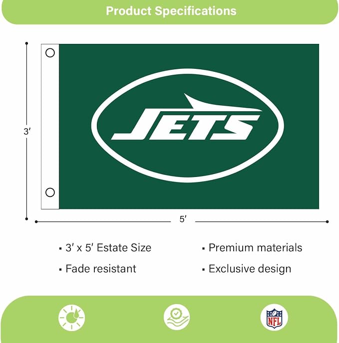 NFL New York Jets 3' x 5' Outdoor Durable Flag with Grommets | Heavy Duty Flag & Banner for Outdoor Garden Patio | Indoor Wall Decor Flag for Room | Works with Flag Poles for Outside House