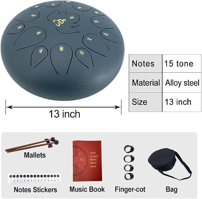 13 Inches 15 Notes Steel Tongue Drum,Rain Chime Hand pan with Mallets & Carry Bag Musical Instrument Garden Rain Drum for Adults,Friends