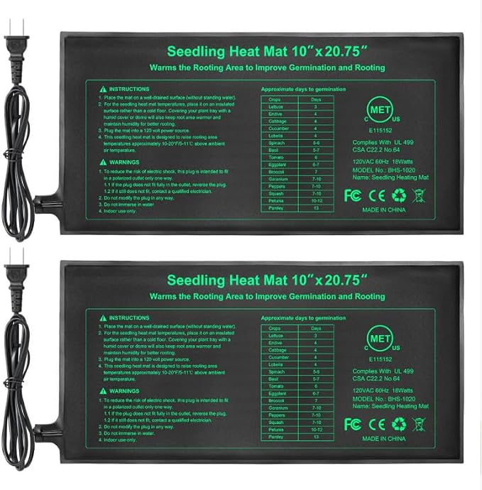 Bestio Seeding Heat Mat 10"x 20.75", 2 Pack Waterproof Durable Heat Mat for Seed Starting, UL and MET Certified Plant Heating Pad for Seed Germination,Hydroponics, Greenhouses
