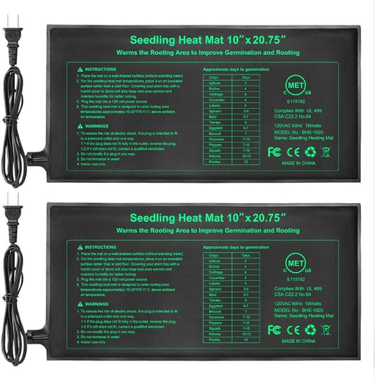 Bestio Seeding Heat Mat 10"x 20.75", 2 Pack Waterproof Durable Heat Mat for Seed Starting, UL and MET Certified Plant Heating Pad for Seed Germination,Hydroponics, Greenhouses