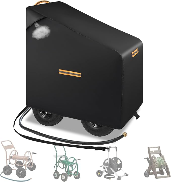 Hose Reel Cart Covers for Outside,Heavy Duty 420D Hosepipes Cover for Garden with Air Vent,Waterproof Strip,2 Reflective Strip Handles,Univeral Protective Hose Holder Cover,All Season Protection