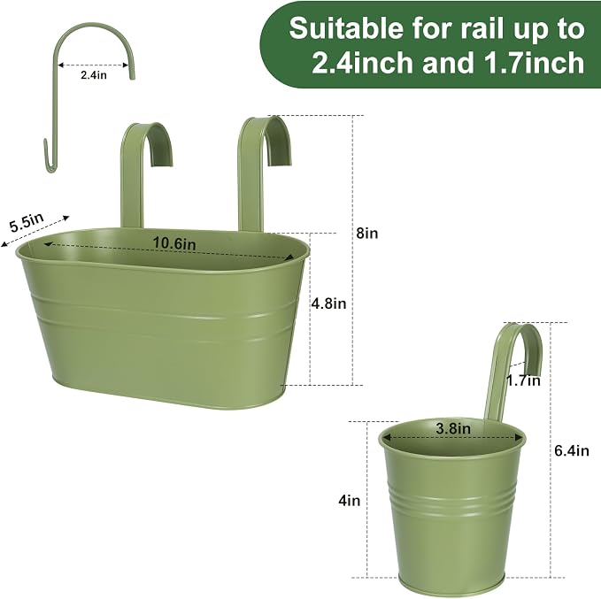 HowRU Metal Iron Flower Pots for Railing Fence Hanging Bucket Pots(5 Pcs) and Hanging Flower Pots Metal Iron Bucket Planter(10 Pcs) (Green)