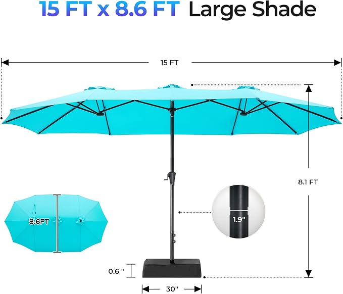 SUPERJARE 15FT Outdoor Patio Umbrella with Base Included, Double Sided Pool Umbrellas with Fade Resistant Canopy, Extra-Large Table Umbrella for Deck, Market, Backyard, Light Blue