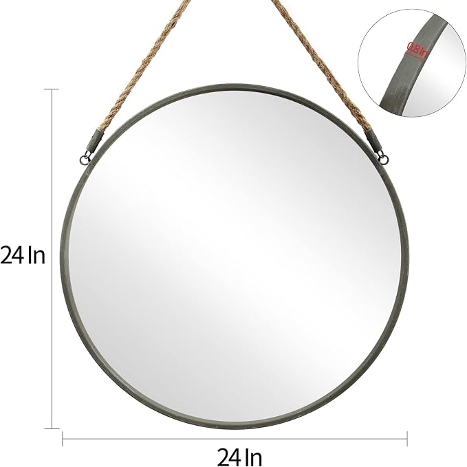 POZINO 24 Inch Round Mirror with Grey Metal Frame, Hanging Mirror for Wall | Circle HD Mirror with Jute Rope, Anti-Rust, Farmhouse Decorative Wall Mirror for Entryway, Living Room, Fireplace, Bathroom