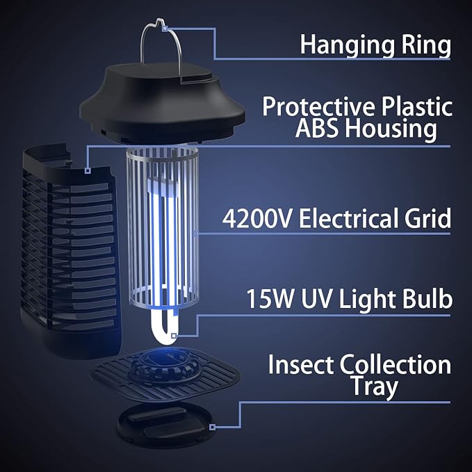 Bug Zapper Outdoor/Indoor,Mosquito Zapper 4200V High-Powered Waterproof Electronic Flying Insects Zapper,15W UVA Lamp Bulb,Fly Traps Patio Insects Killer,Trap Killer for Home,Kitchen, Backyard