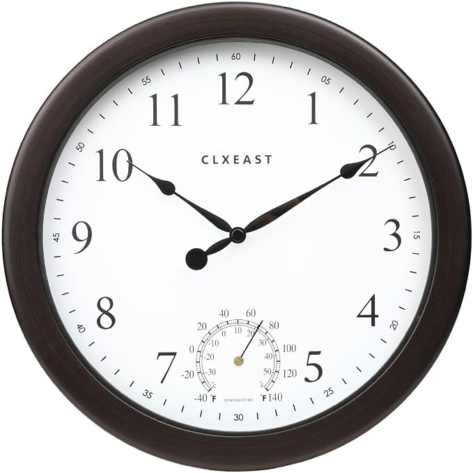 CLXEAST 10.4 Inch Indoor Outdoor Clocks Waterproof,Outdoor Clock with Temperature for Bathroom,Patio, Pool,Kitchen,Oil Rubbed Bronze Black Finish,House Warming Gifts New Home