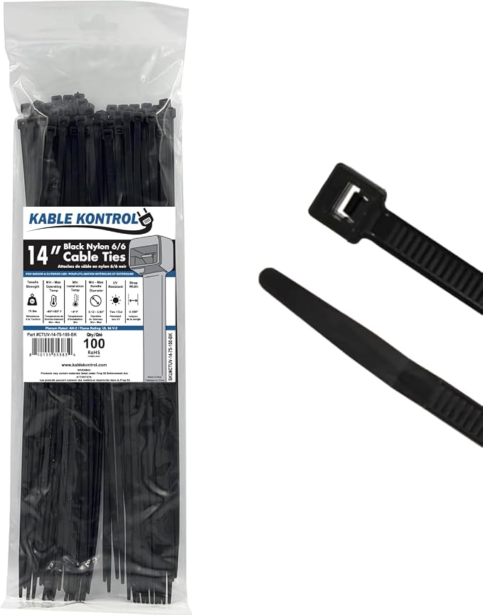 Kable Kontrol Cable Zip Ties Black 100 Pcs 14 Inch, 75 Lbs Tensile Strength, Self-locking UV Resistant Plastic Nylon Wire Ties, for Indoor or Outdoor Use