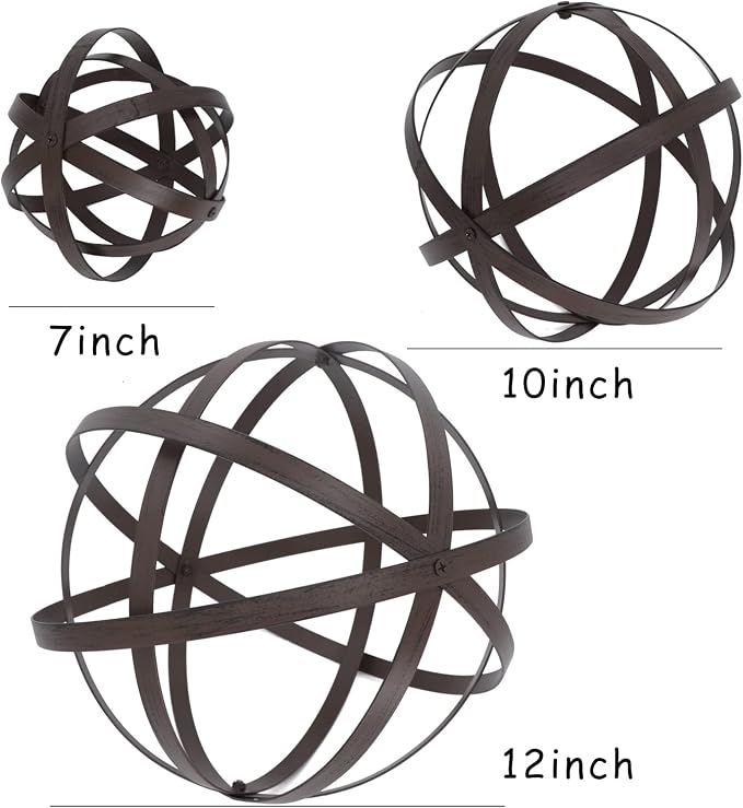 Kunjocy 3 PCS Garden Spheres Balls Assorted Size Distressed Metal Band Decorative Sphere Folding Orbs Sculpture for Outdoor Indoor Decorations 7" 10" 12" Diameter (Rusty)