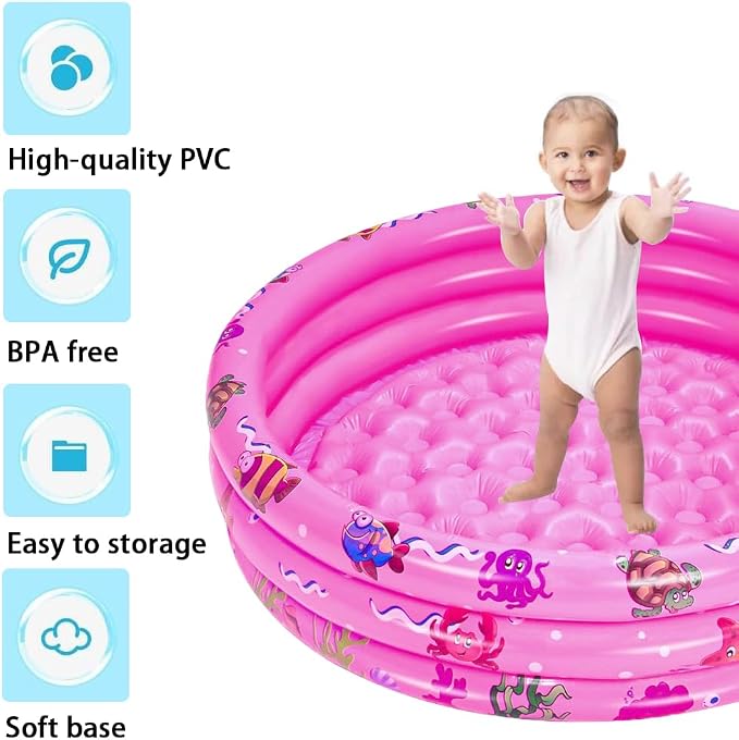 Inflatable Baby Kiddie Pools, 3 Rings Round Swimming Pool, Toddler Fun Water Swim Beach Floaties Toys, Kids Fishing Pond Ball Pit Pool, Small Infant Pool (Pink, 47 inch)