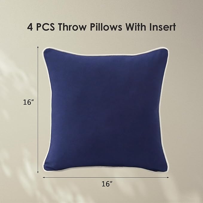 Decorative Outdoor Water Repellent Throw Pillows with Inserts, Set of 4, 16" x16" Pillows for Patio, Backyard, Bed, Couch, and Patio Furniture, Navy