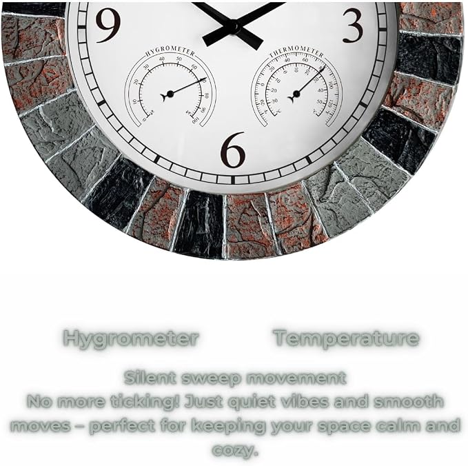 13.5" Faux Slate Wall Clock with Thermometer/Hygrometer | Waterproof, Silent, Indoor/Outdoor, Battery Operated, Grey/Red/Black Frame