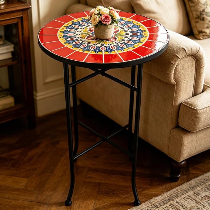 Mosaic Outdoor Side Table Small Round Patio Table Plant Stand | 21" Accent End Table with 14" Ceramic Tile Top for Small Spaces Porch Pool Garden Decor Indoor Living Room Bedroom Balcony
