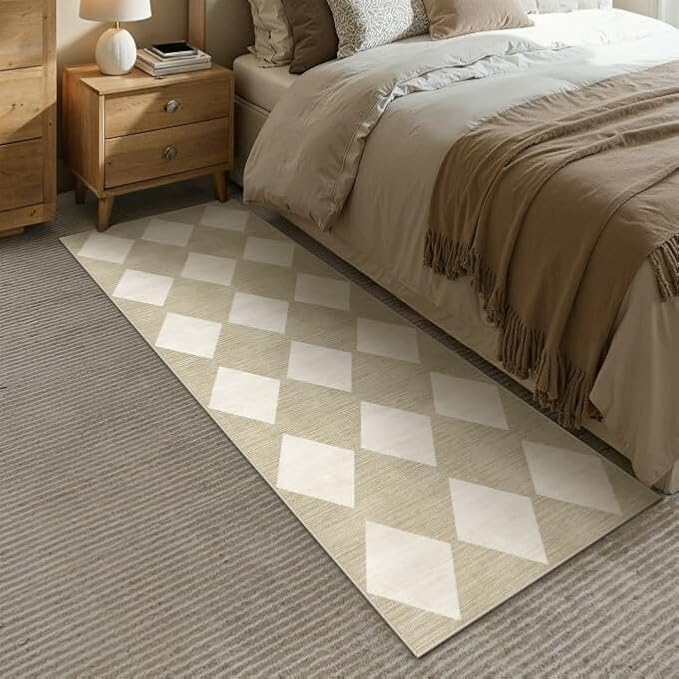 2x6 Washable Runner Rug Kitchen Beige Non Slip Checkered Carpet | Soft, Low Pile, Easy Clean, Diamond Pattern for Hallway, Entryway, Laundry Room, Bathroom, Modern Neutral Decor