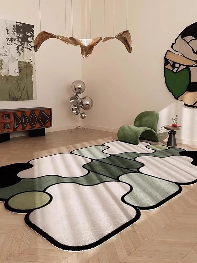 Stylish Organic Shaped Rug for Living Room Bedroom Diningroom Hallway Dorm Beige Black Green Irregular Geometric Pattern Funny Carpet Non Shedding Soft Thin Washable Quick Dry Low Pile Mats 10x12