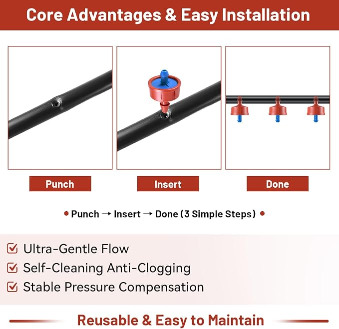 50 PCS 0.5 GPH Pressure Compensating Drip Irrigation Spot Watering Dripper, Gentle Flow Anti-Clog Drip Irrigation Emitters Heads Irrigation Drippers Parts for Indoor Outdoor Small Potted Plants