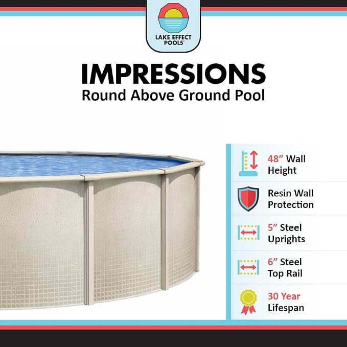 Lake Effect Pools 'Impressions' 24 ft Round Above Ground Swimming Pool | 48 Inch Resin Protected Steel Sided Walls | Bundle Includes: 25 Gauge Bedrock Overlap Liner & Widemouth Skimmer