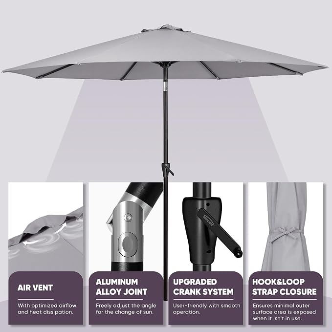 Tempera Patio Market Outdoor Table Umbrella with Push Button Tilt and Crank, Large Sun Umbrella with Sturdy Pole & Fade Resistant Canopy, Easy to Set