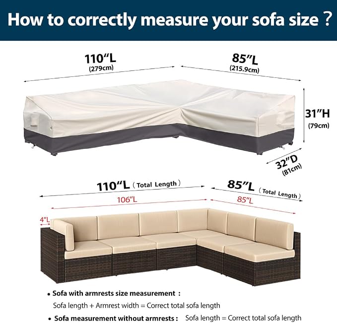 Outdoor Sectional Cover-L-Shaped Patio Furniture Covers Waterproof Rip-Stop Anti-UV 600D Heavy Duty Outdoor Couch Sofa Cover with 3 Air Vents, 110''L (85''L) 32''D 31''H, Beige & Charcoal