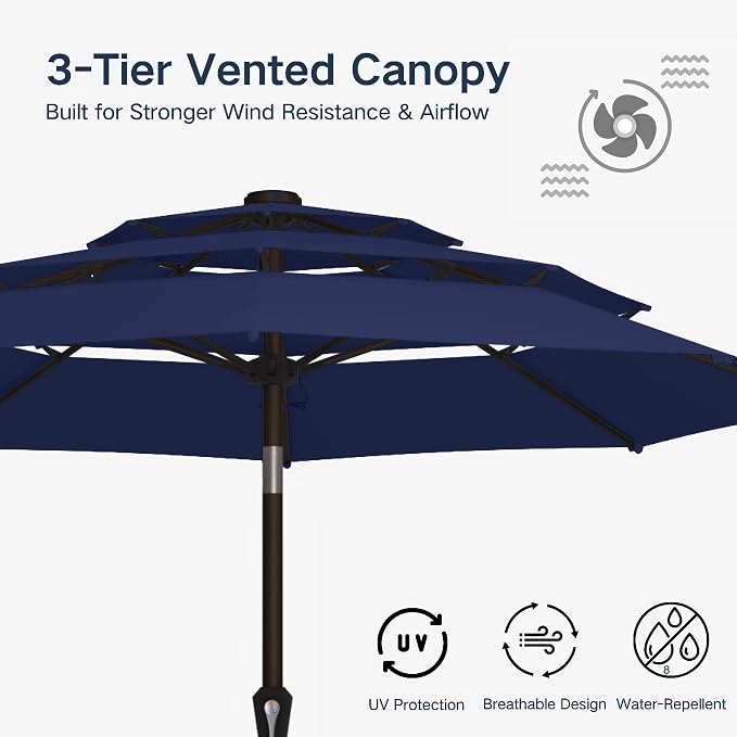 10FT Patio Umbrella 3 Tiers Outdoor Market Umbrella w/Push Button Tilt, Crank, UV and Waterproof Table Umbrella for Garden, Pool, Backyard, Deck, Lawn, Navy Blue