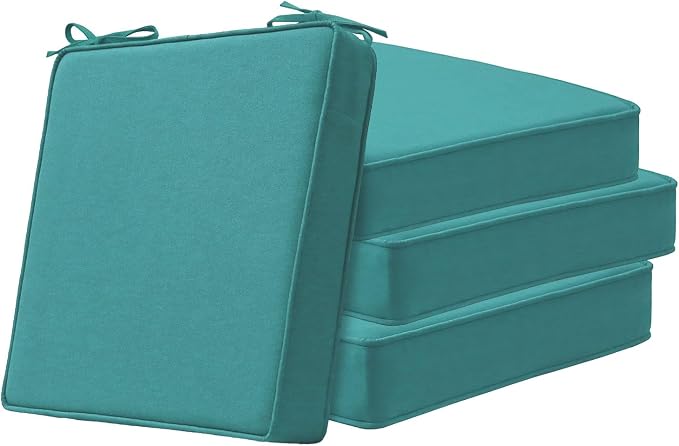 Unimatta Square Corner Seat Cushions, 19" x 19" x 3", Set of 4, Indoor Outdoor Water Repellent Universal Chair Pads with Ties for Patio Furniture, Garden Deck Dining Chairs, Turquoise