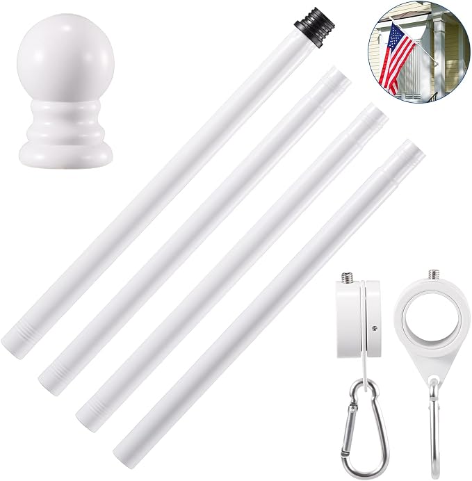 BONWIN White Flag Pole Kit for House, 5 FT Thickened Stainless Steel Outside Wall Mount Flagpole for 3x5' American Flag with 1" Tangle Free 360° Rotating Flag Pole Rings Hardware for Porch Residential